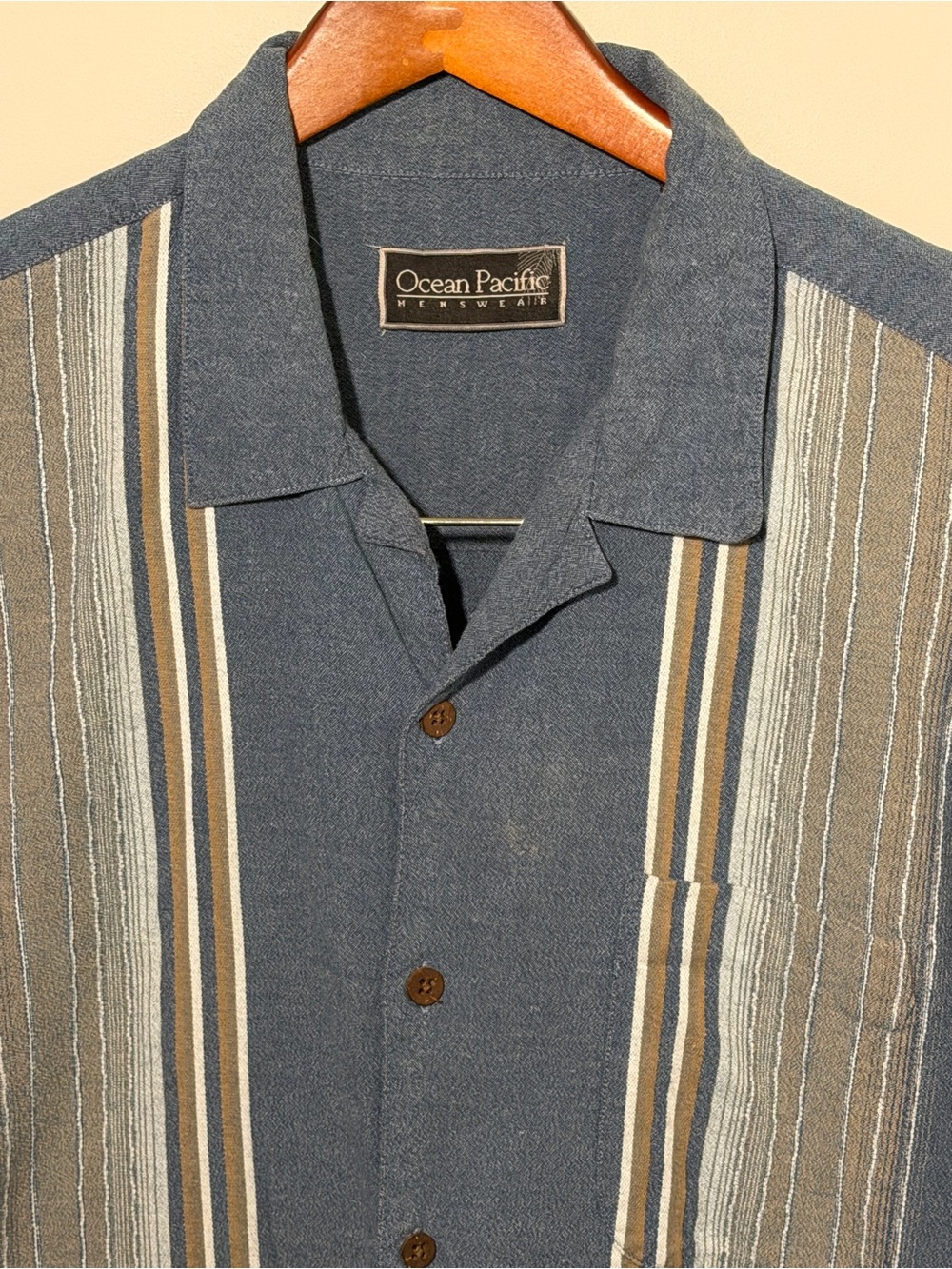 Vintage OP Ocean Pacific Men's Striped Button-Down Shirt in Blue, Tan, Cream
